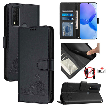 TCL 30 XE 5G Cat & Rat Embossed RFID Leather Case, Lanyard, Wallet, Card Slots, Kickstand, Anti-Fall, Scratch-Resistant