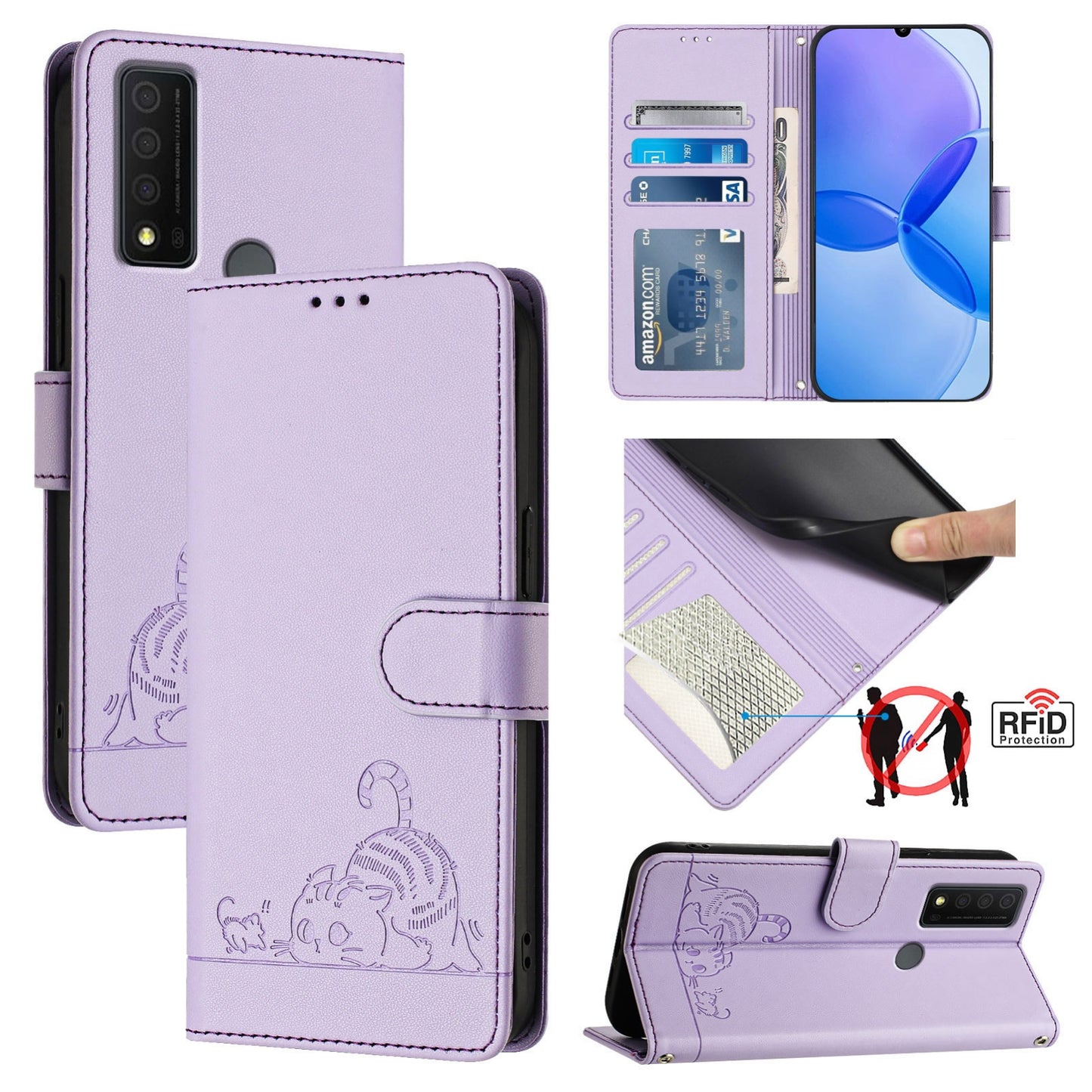 TCL 30 XE 5G Cat & Rat Embossed RFID Leather Case, Lanyard, Wallet, Card Slots, Kickstand, Anti-Fall, Scratch-Resistant