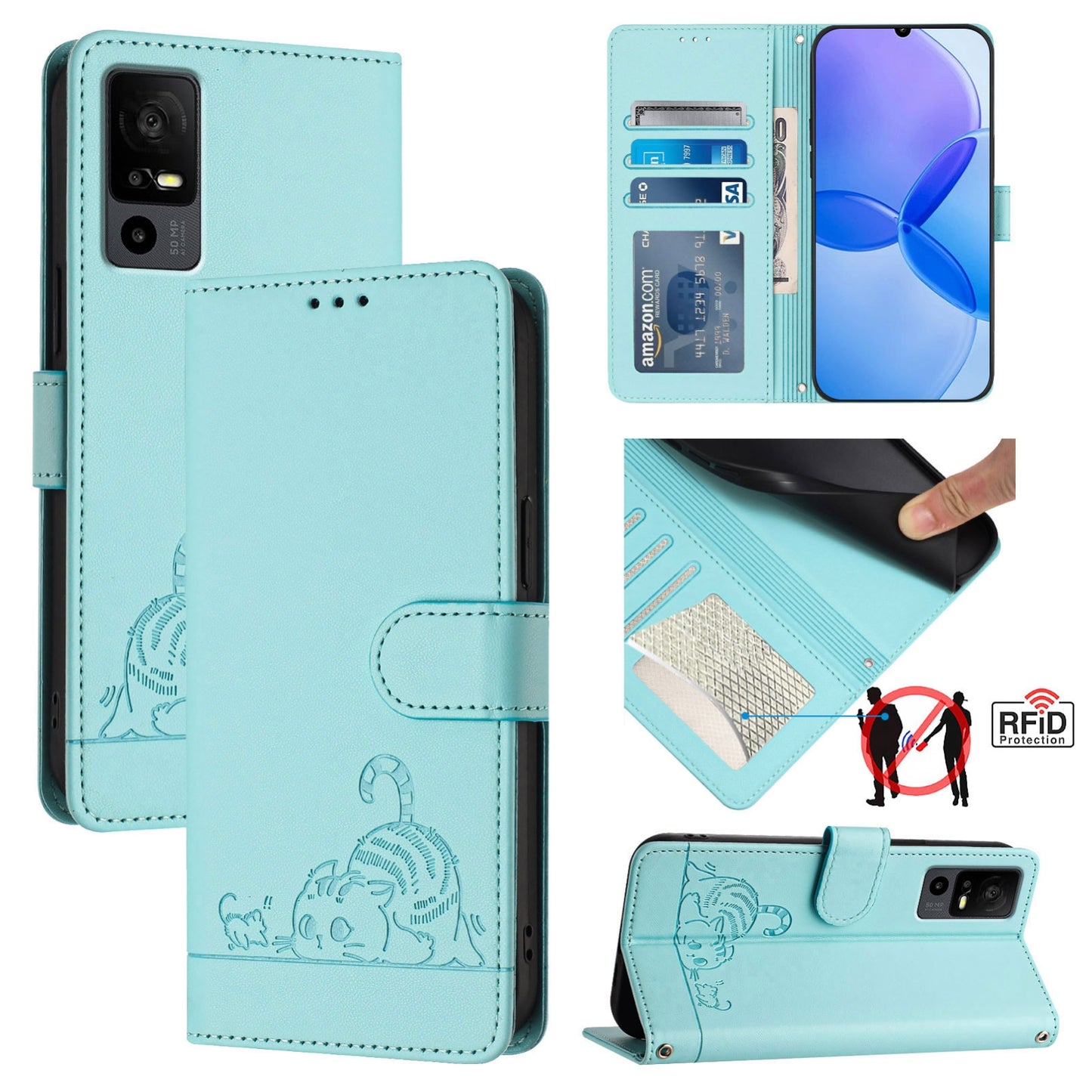 TCL 40 R Cat & Rat Embossed RFID Leather Case, Lanyard, Wallet, Card Slots, Kickstand, Anti-Fall, Scratch-Resistant