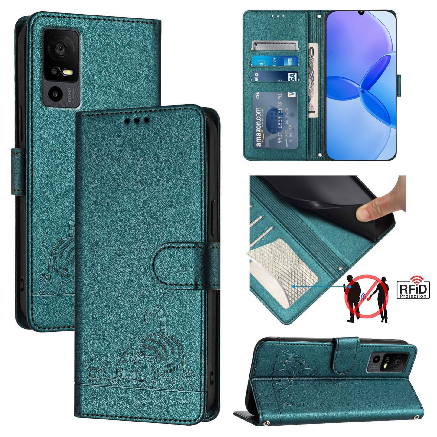 TCL 40 R Cat & Rat Embossed RFID Leather Case, Lanyard, Wallet, Card Slots, Kickstand, Anti-Fall, Scratch-Resistant