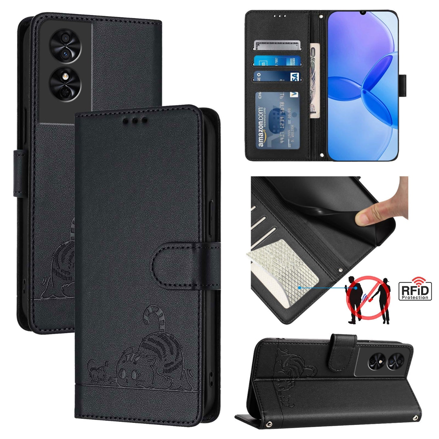 TCL 50 SE Cat & Rat Embossed RFID Leather Case, Lanyard, Wallet, Card Slots, Kickstand, Anti-Fall, Scratch-Resistant