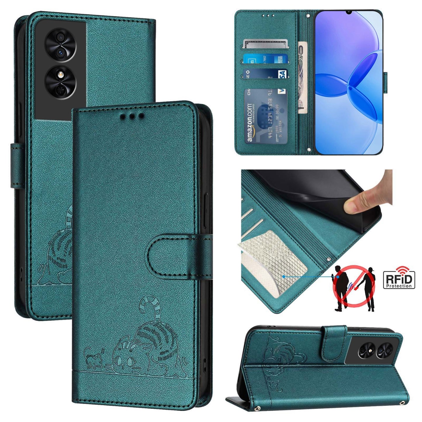 TCL 50 SE Cat & Rat Embossed RFID Leather Case, Lanyard, Wallet, Card Slots, Kickstand, Anti-Fall, Scratch-Resistant