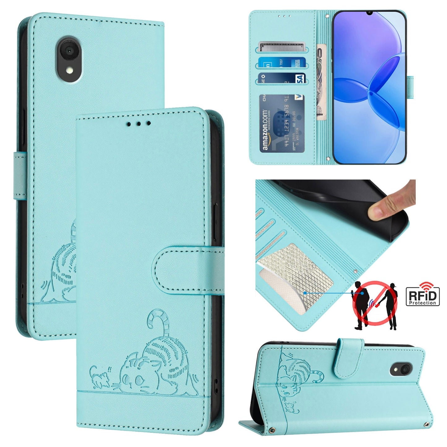 TCL 201 Cat & Rat Embossed RFID Leather Case, Lanyard, Wallet, Card Slots, Kickstand, Anti-Fall, Scratch-Resistant