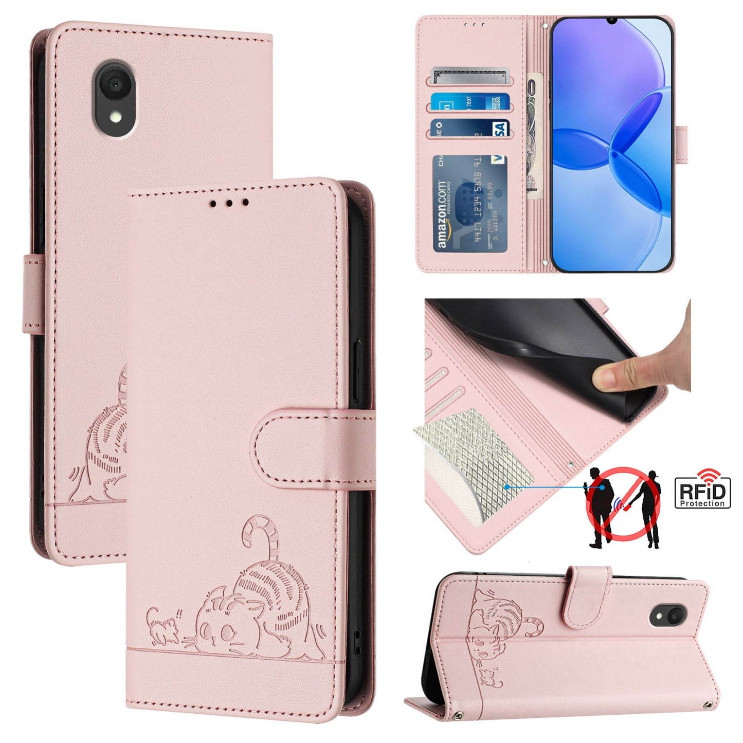 TCL 201 Cat & Rat Embossed RFID Leather Case, Lanyard, Wallet, Card Slots, Kickstand, Anti-Fall, Scratch-Resistant