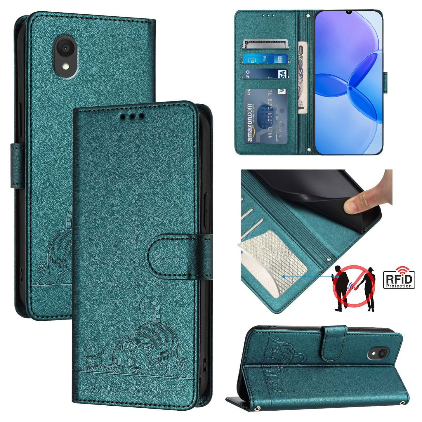 TCL 201 Cat & Rat Embossed RFID Leather Case, Lanyard, Wallet, Card Slots, Kickstand, Anti-Fall, Scratch-Resistant