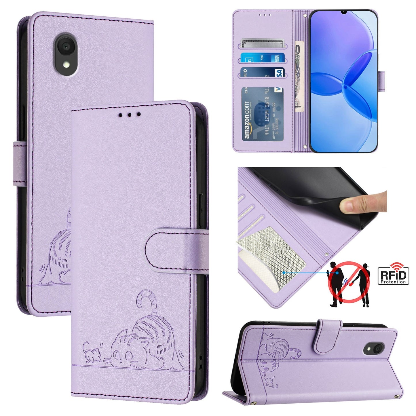 TCL 201 Cat & Rat Embossed RFID Leather Case, Lanyard, Wallet, Card Slots, Kickstand, Anti-Fall, Scratch-Resistant