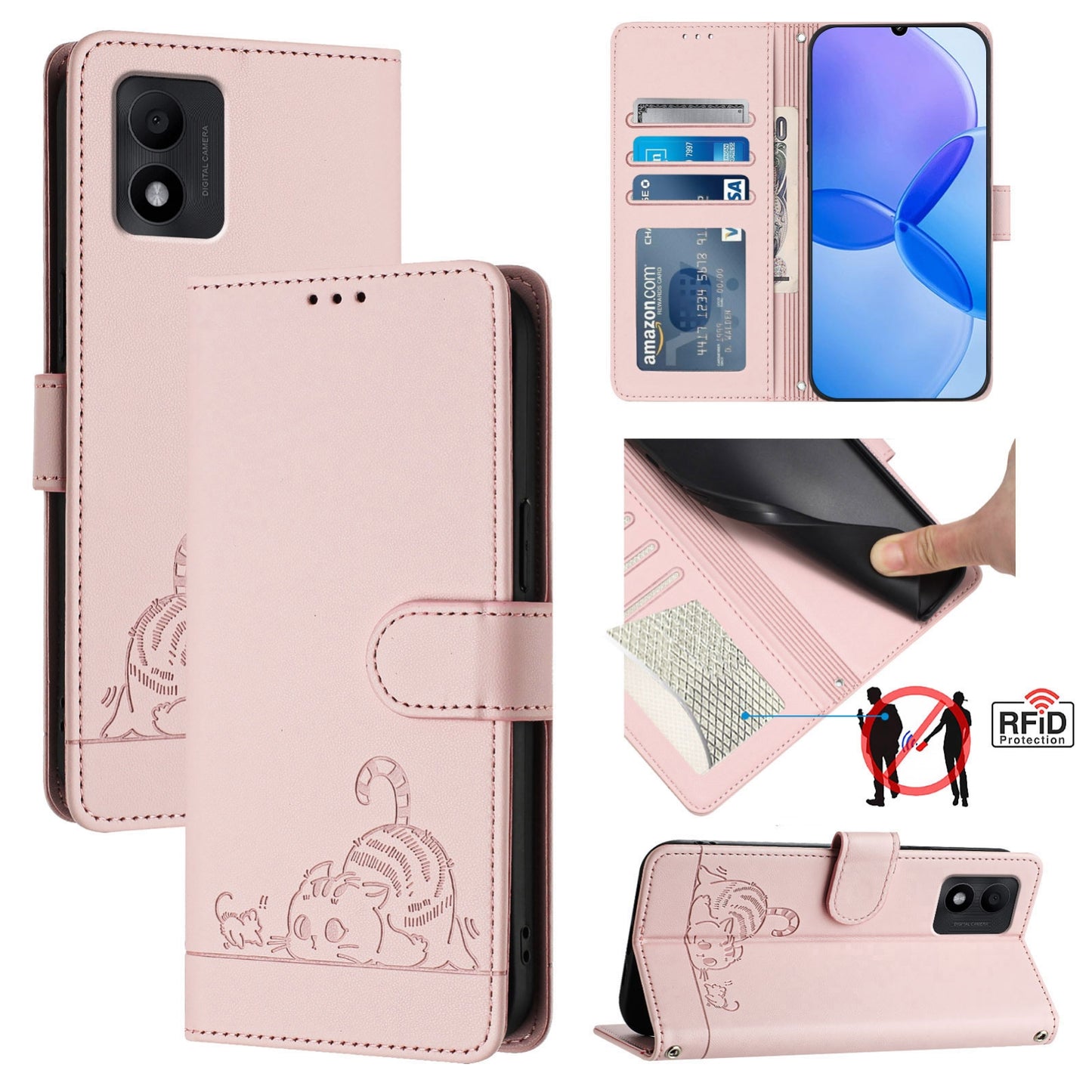 TCL 303 Cat & Rat Embossed RFID Leather Case, Lanyard, Wallet, Card Slots, Kickstand, Anti-Fall, Scratch-Resistant