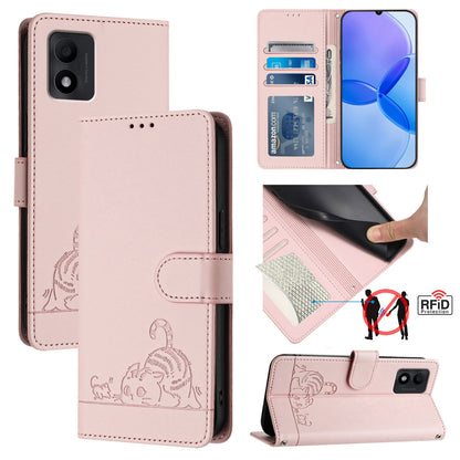 TCL 303 Cat & Rat Embossed RFID Leather Case, Lanyard, Wallet, Card Slots, Kickstand, Anti-Fall, Scratch-Resistant
