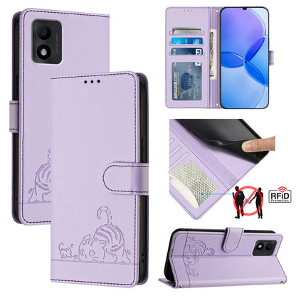 TCL 303 Cat & Rat Embossed RFID Leather Case, Lanyard, Wallet, Card Slots, Kickstand, Anti-Fall, Scratch-Resistant