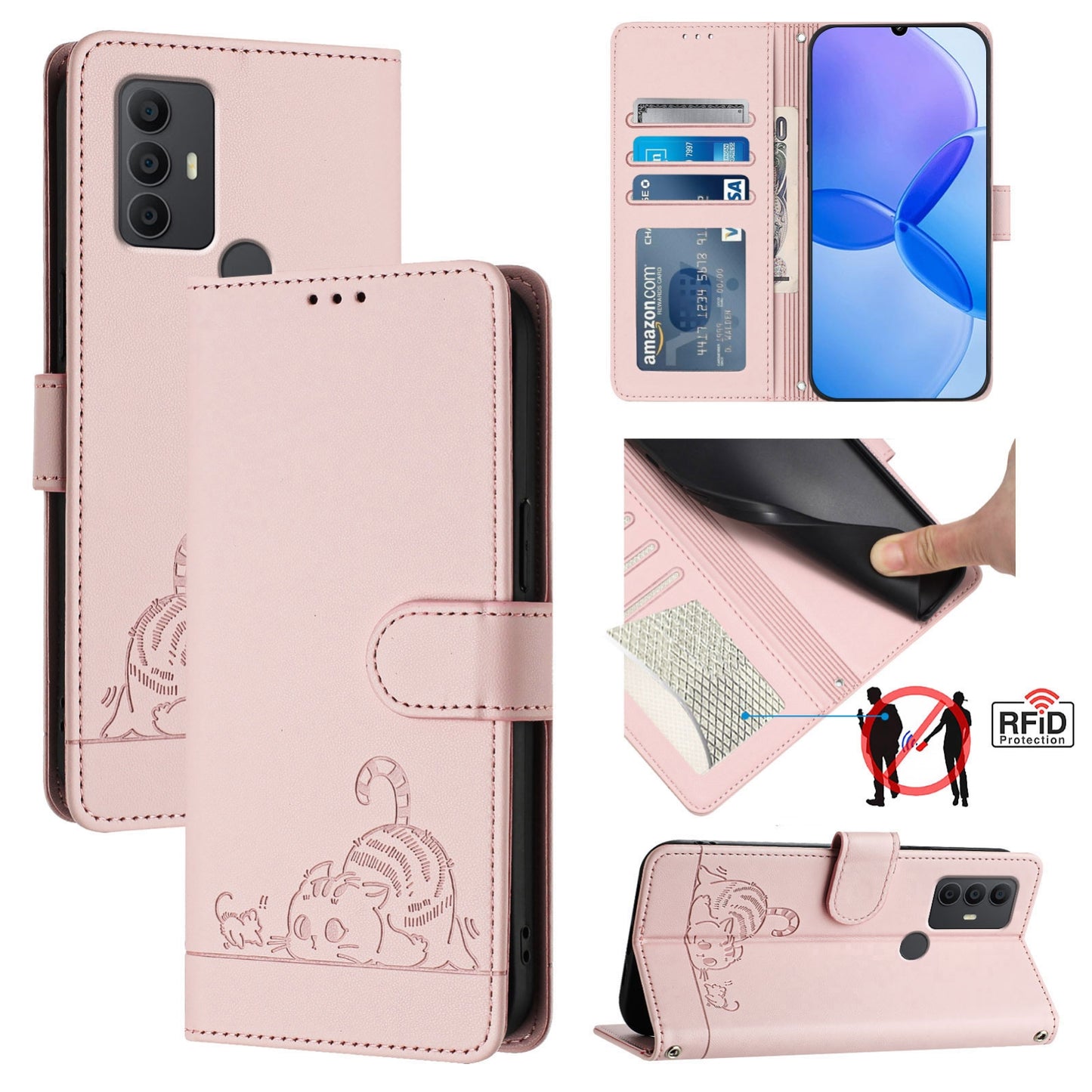 TCL 305 Cat & Rat Embossed RFID Leather Case, Lanyard, Wallet, Card Slots, Kickstand, Anti-Fall, Scratch-Resistant