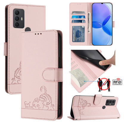 TCL 305 Cat & Rat Embossed RFID Leather Case, Lanyard, Wallet, Card Slots, Kickstand, Anti-Fall, Scratch-Resistant