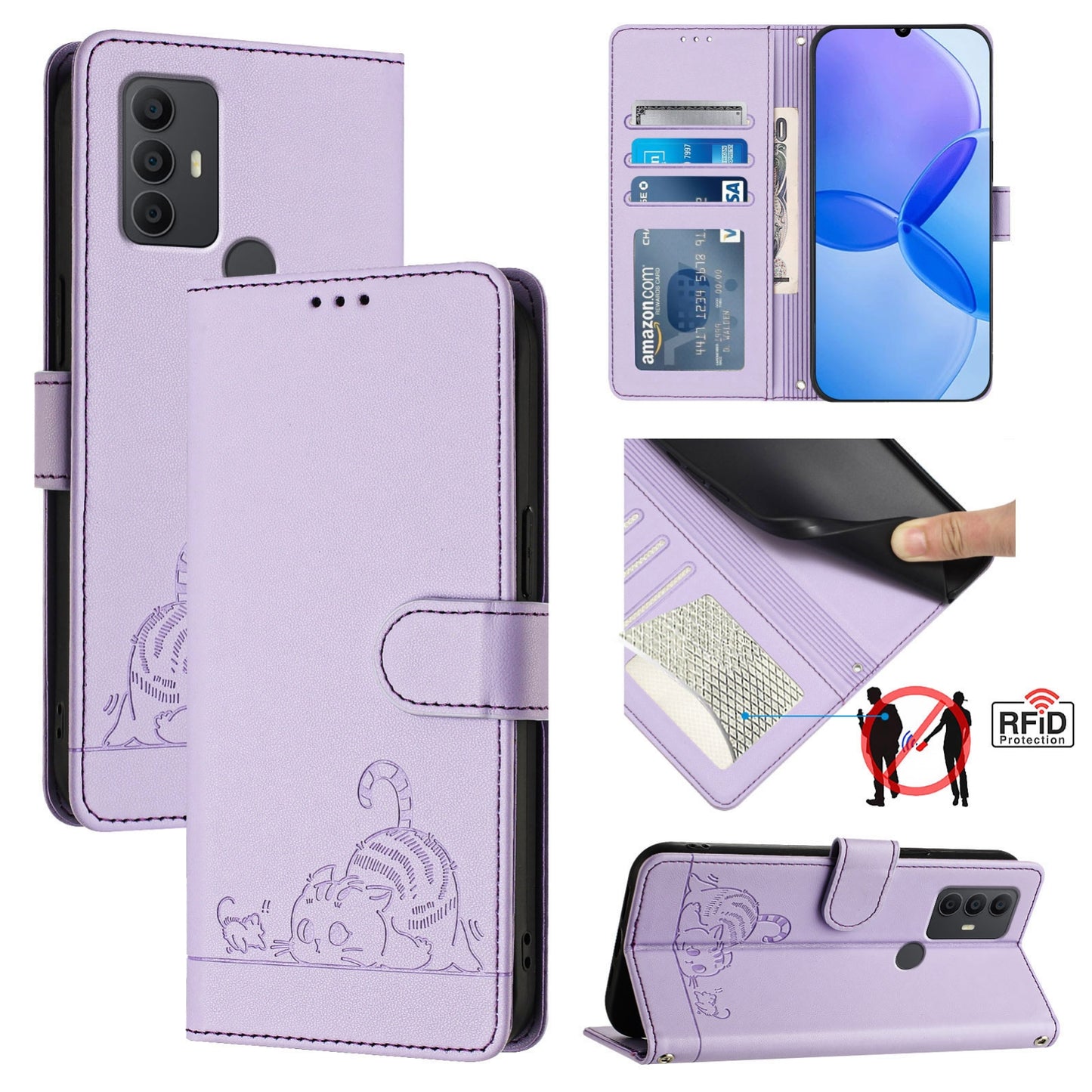 TCL 305 Cat & Rat Embossed RFID Leather Case, Lanyard, Wallet, Card Slots, Kickstand, Anti-Fall, Scratch-Resistant
