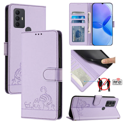 TCL 305 Cat & Rat Embossed RFID Leather Case, Lanyard, Wallet, Card Slots, Kickstand, Anti-Fall, Scratch-Resistant