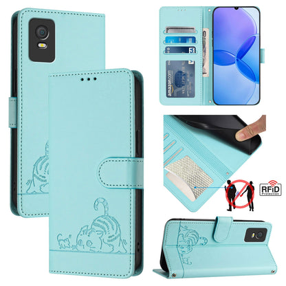 TCL 403 Cat & Rat Embossed RFID Leather Case, Lanyard, Wallet, Card Slots, Kickstand, Anti-Fall, Scratch-Resistant