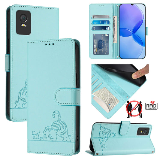 TCL 403 Cat & Rat Embossed RFID Leather Case, Lanyard, Wallet, Card Slots, Kickstand, Anti-Fall, Scratch-Resistant