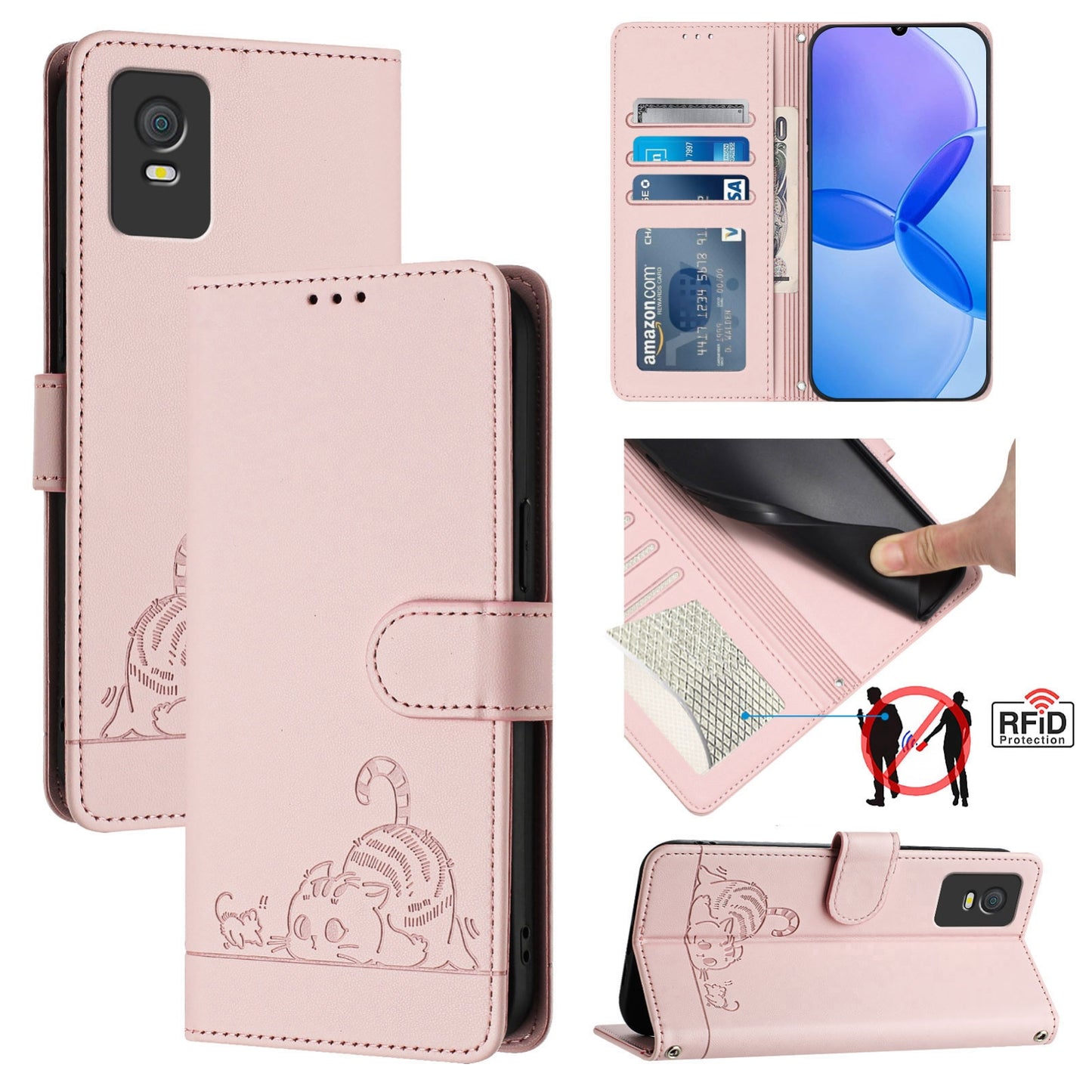TCL 403 Cat & Rat Embossed RFID Leather Case, Lanyard, Wallet, Card Slots, Kickstand, Anti-Fall, Scratch-Resistant