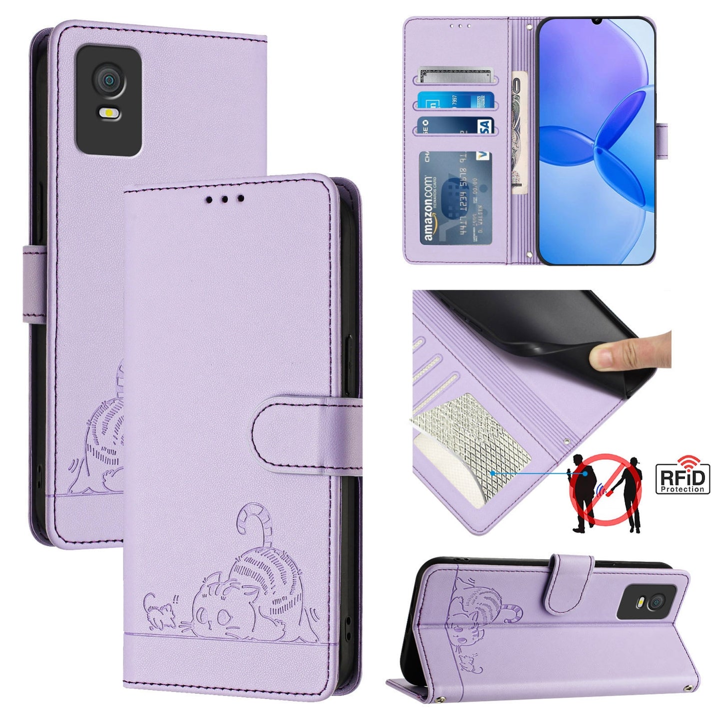 TCL 403 Cat & Rat Embossed RFID Leather Case, Lanyard, Wallet, Card Slots, Kickstand, Anti-Fall, Scratch-Resistant