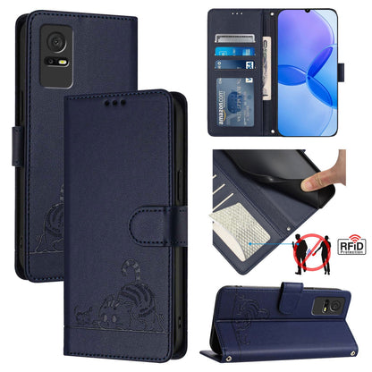 TCL 405 Cat & Rat Embossed RFID Leather Case, Lanyard, Wallet, Card Slots, Kickstand, Anti-Fall, Scratch-Resistant