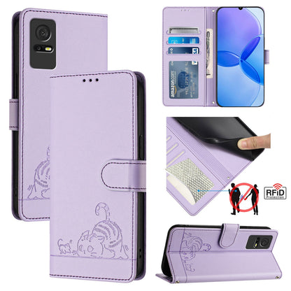 TCL 406 Cat & Rat Embossed RFID Leather Case, Lanyard, Wallet, Card Slots, Kickstand, Anti-Fall, Scratch-Resistant