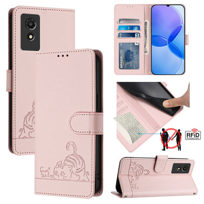 TCL 501 Cat & Rat Embossed RFID Leather Case, Lanyard, Wallet, Card Slots, Kickstand, Anti-Fall, Scratch-Resistant