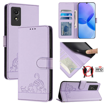 TCL 501 Cat & Rat Embossed RFID Leather Case, Lanyard, Wallet, Card Slots, Kickstand, Anti-Fall, Scratch-Resistant