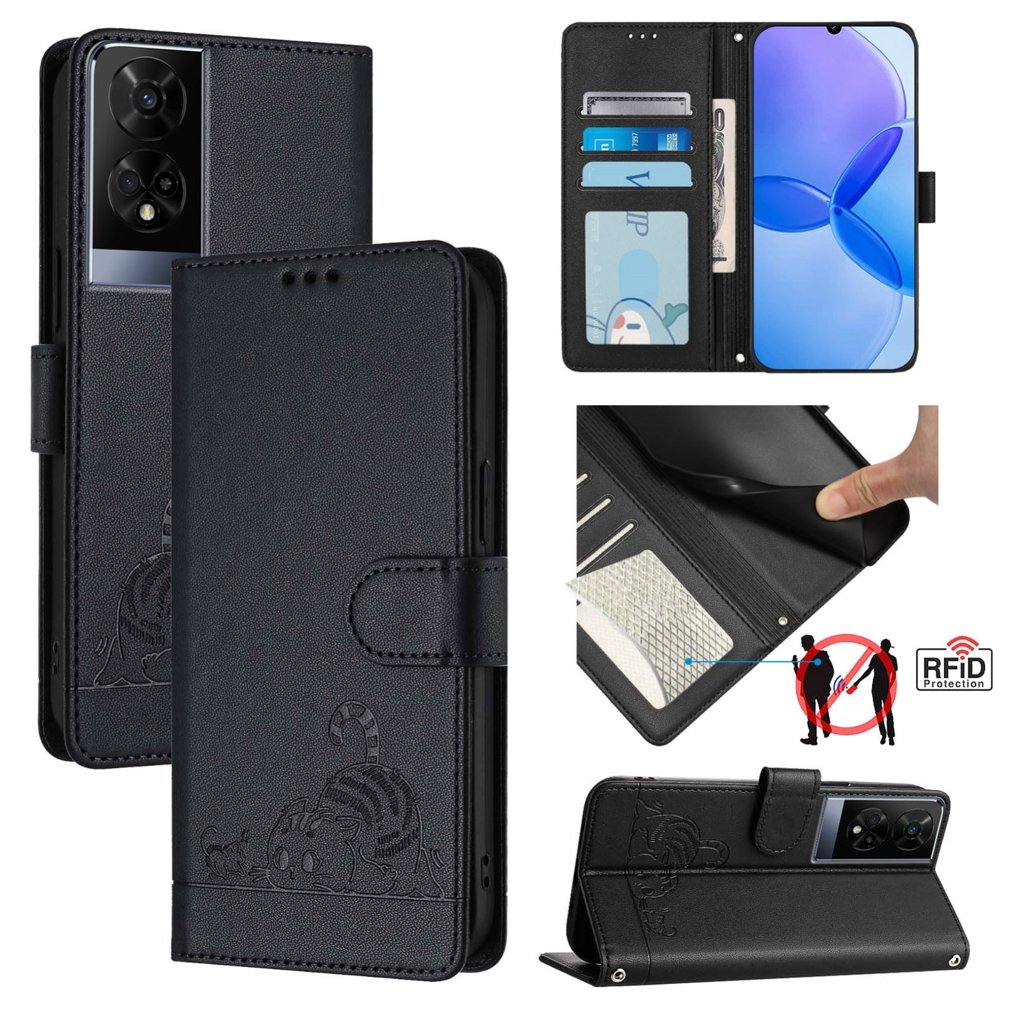 TCL 50 XE Cat & Rat Embossed RFID Leather Case, Lanyard, Wallet, Card Slots, Kickstand, Anti-Fall, Scratch-Resistant