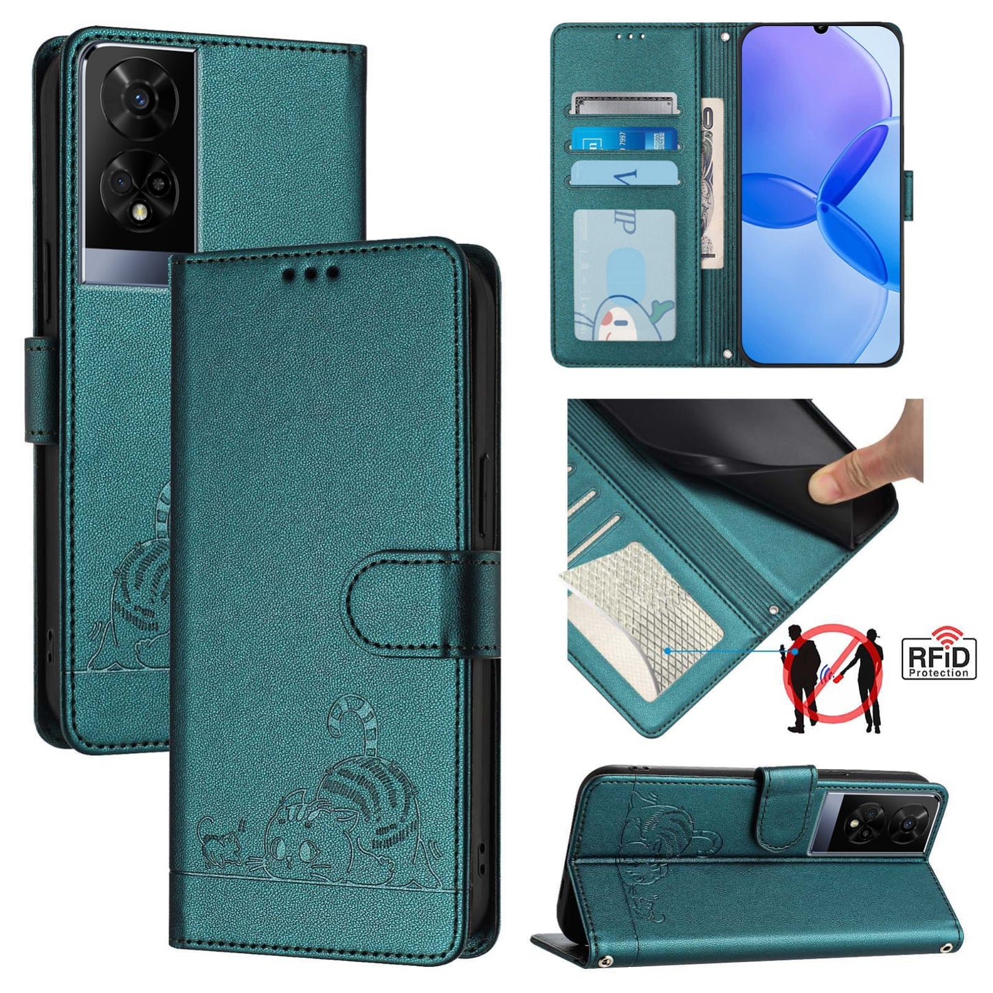 TCL 50 XE Cat & Rat Embossed RFID Leather Case, Lanyard, Wallet, Card Slots, Kickstand, Anti-Fall, Scratch-Resistant