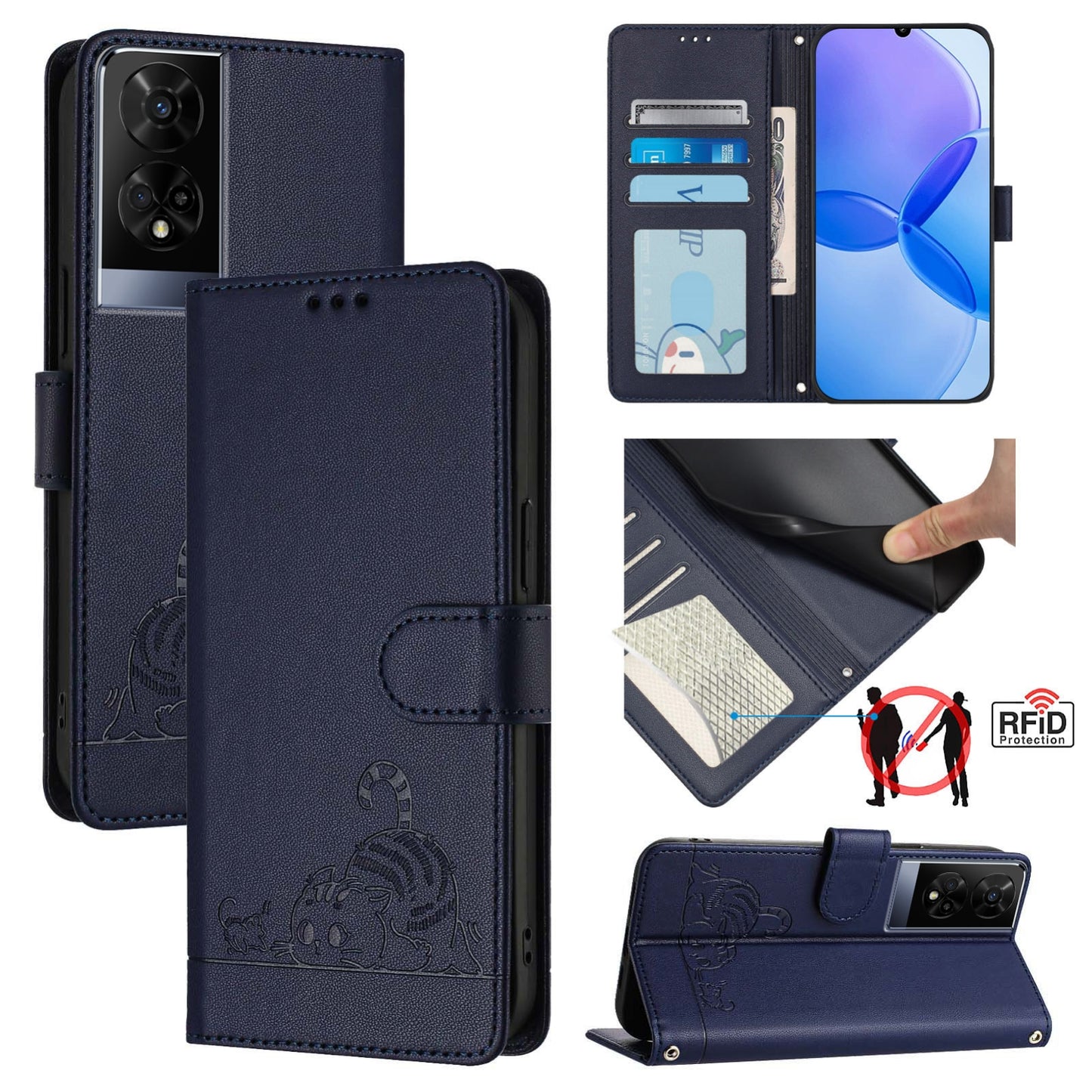 TCL 50 XE Cat & Rat Embossed RFID Leather Case, Lanyard, Wallet, Card Slots, Kickstand, Anti-Fall, Scratch-Resistant