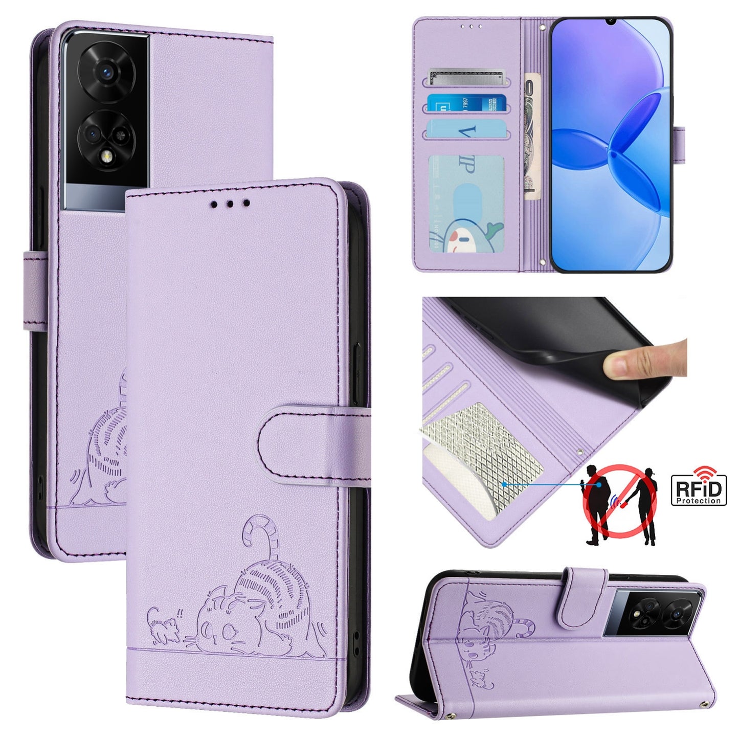 TCL 50 XE Cat & Rat Embossed RFID Leather Case, Lanyard, Wallet, Card Slots, Kickstand, Anti-Fall, Scratch-Resistant
