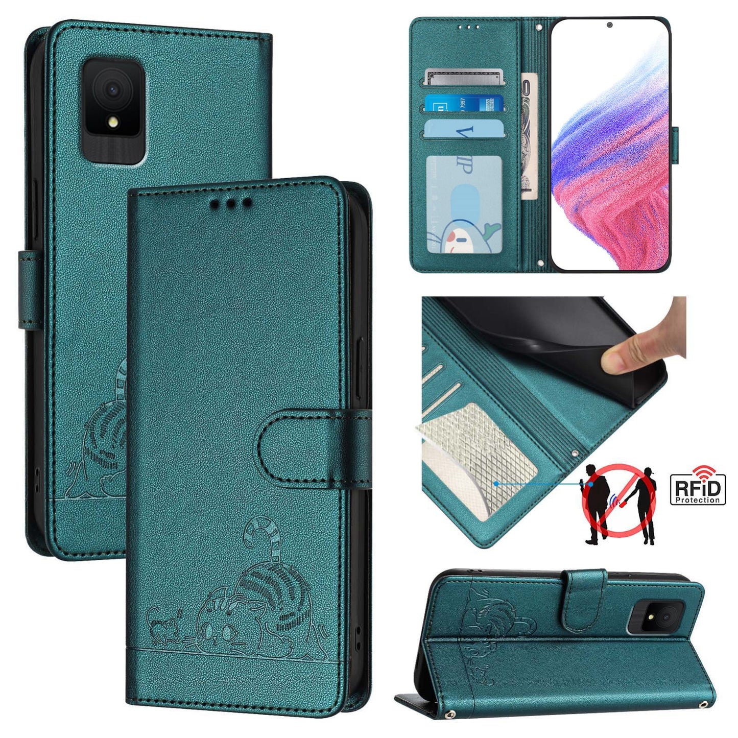 TCL 502 Cat & Rat Embossed RFID Leather Case, Lanyard, Wallet, Card Slots, Kickstand, Anti-Fall, Scratch-Resistant