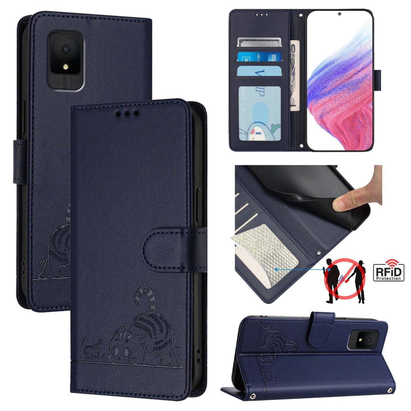TCL 502 Cat & Rat Embossed RFID Leather Case, Lanyard, Wallet, Card Slots, Kickstand, Anti-Fall, Scratch-Resistant
