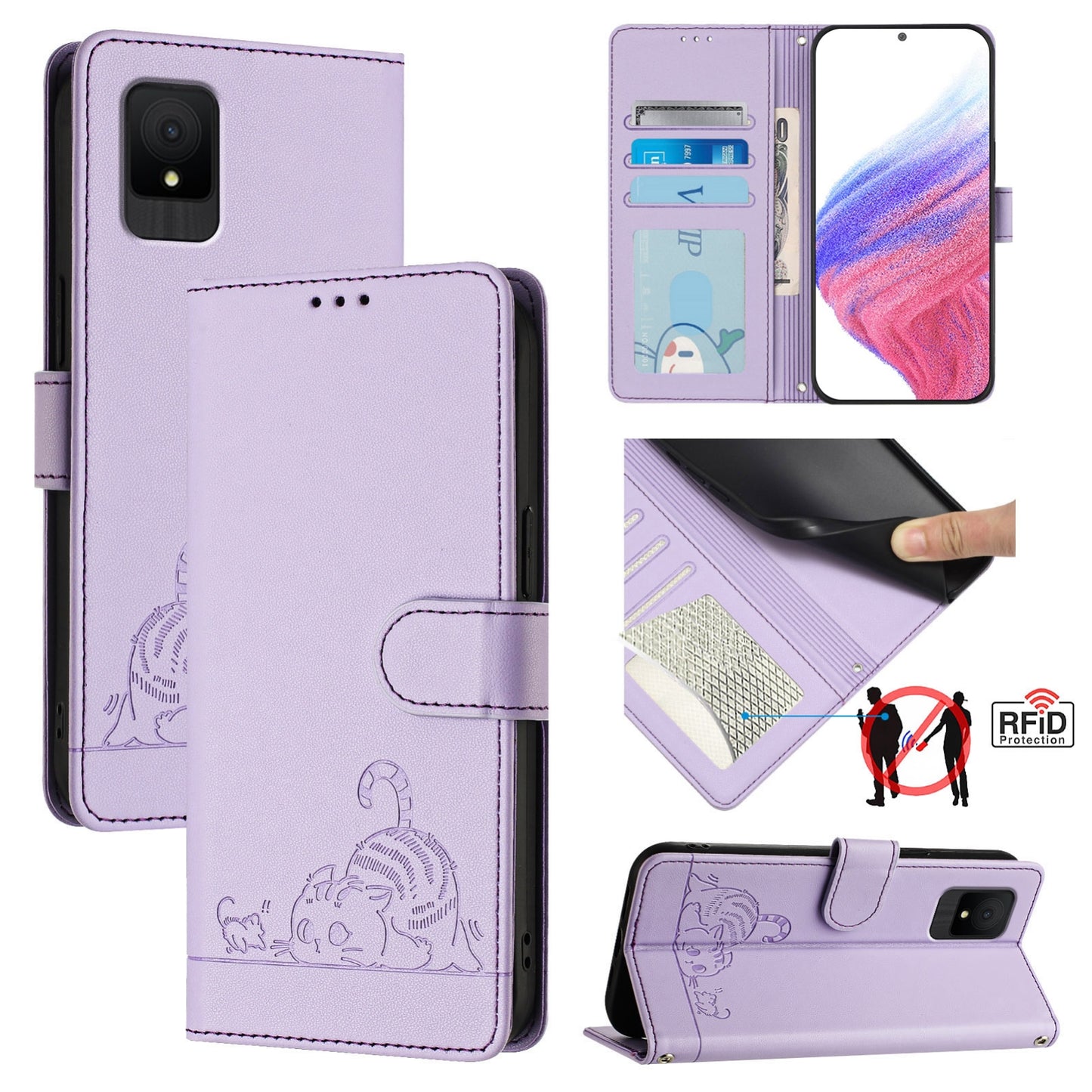 TCL 502 Cat & Rat Embossed RFID Leather Case, Lanyard, Wallet, Card Slots, Kickstand, Anti-Fall, Scratch-Resistant
