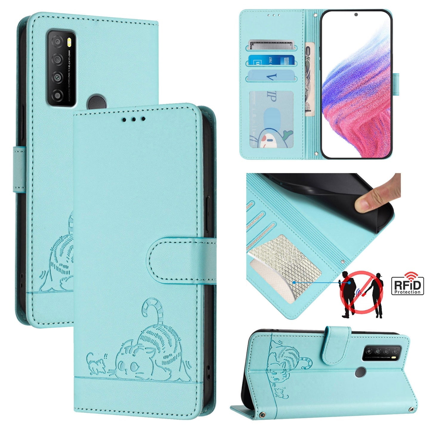 TCL 30 XL T701DL Cat & Rat Embossed RFID Leather Case, Lanyard, Wallet, Card Slots, Kickstand, Anti-Fall, Scratch-Resistant