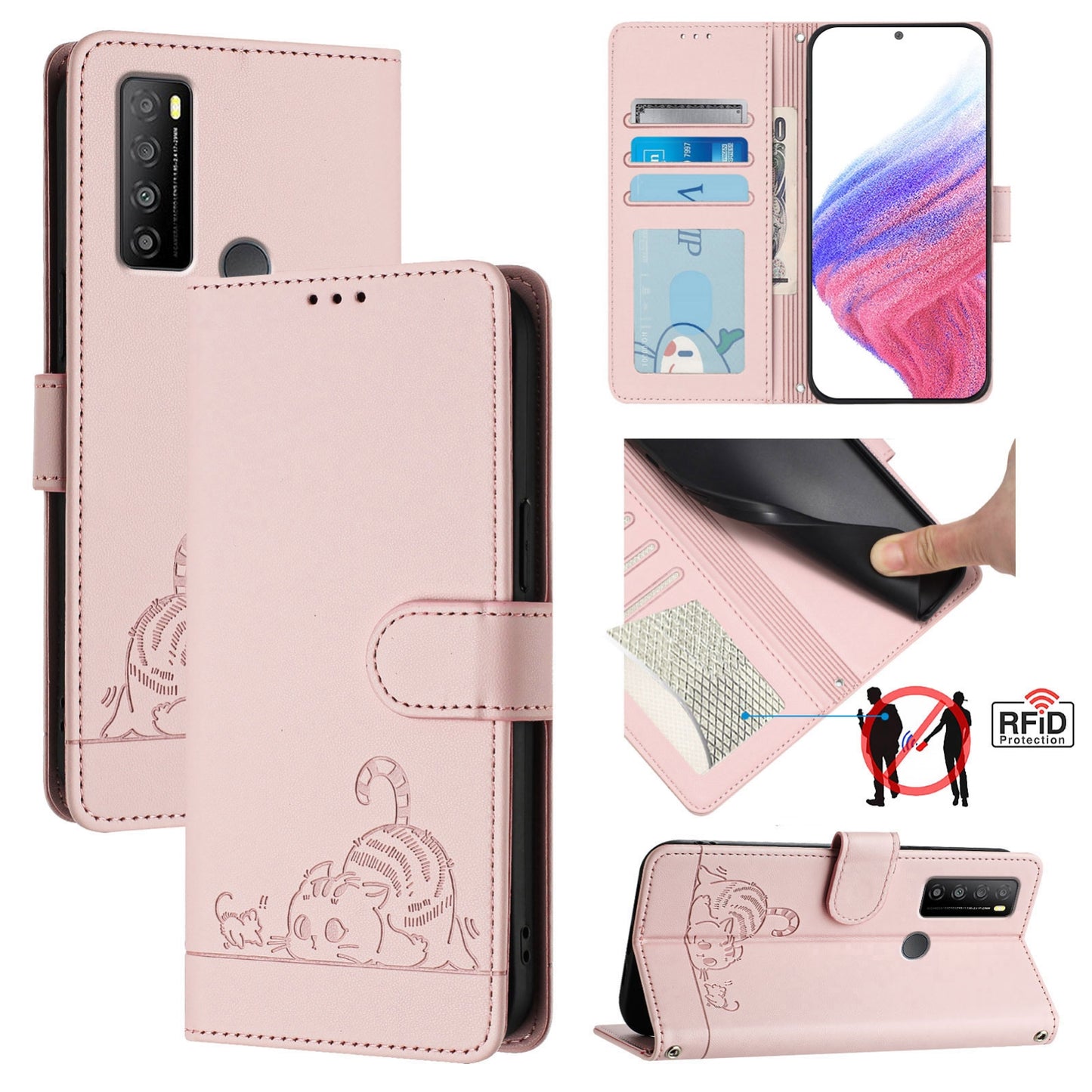 TCL 30 XL T701DL Cat & Rat Embossed RFID Leather Case, Lanyard, Wallet, Card Slots, Kickstand, Anti-Fall, Scratch-Resistant