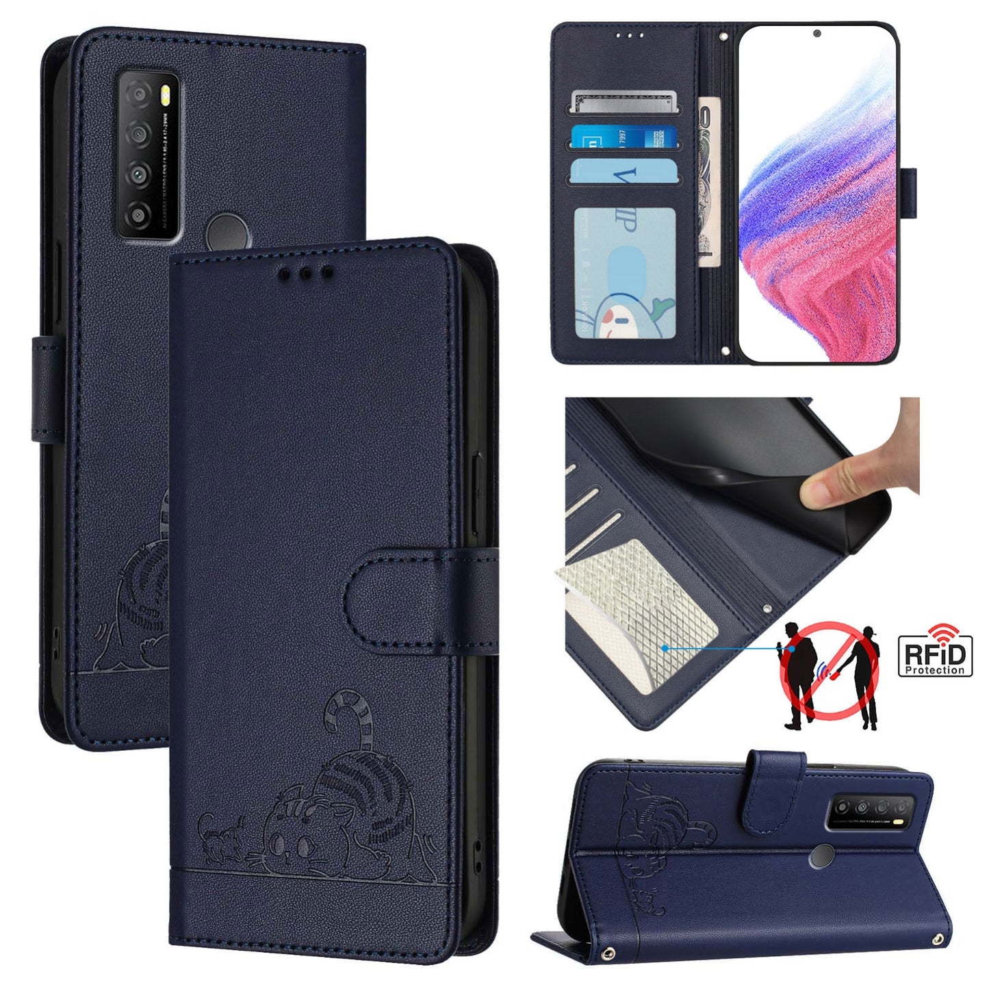 TCL 30 XL T701DL Cat & Rat Embossed RFID Leather Case, Lanyard, Wallet, Card Slots, Kickstand, Anti-Fall, Scratch-Resistant