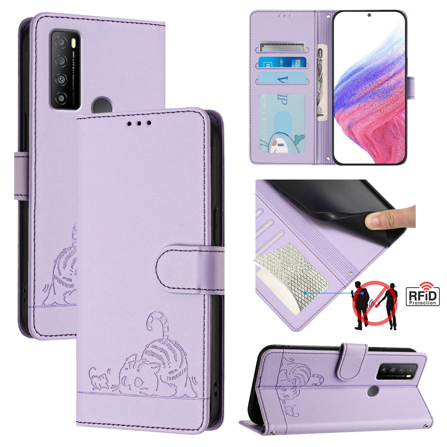 TCL 30 XL T701DL Cat & Rat Embossed RFID Leather Case, Lanyard, Wallet, Card Slots, Kickstand, Anti-Fall, Scratch-Resistant