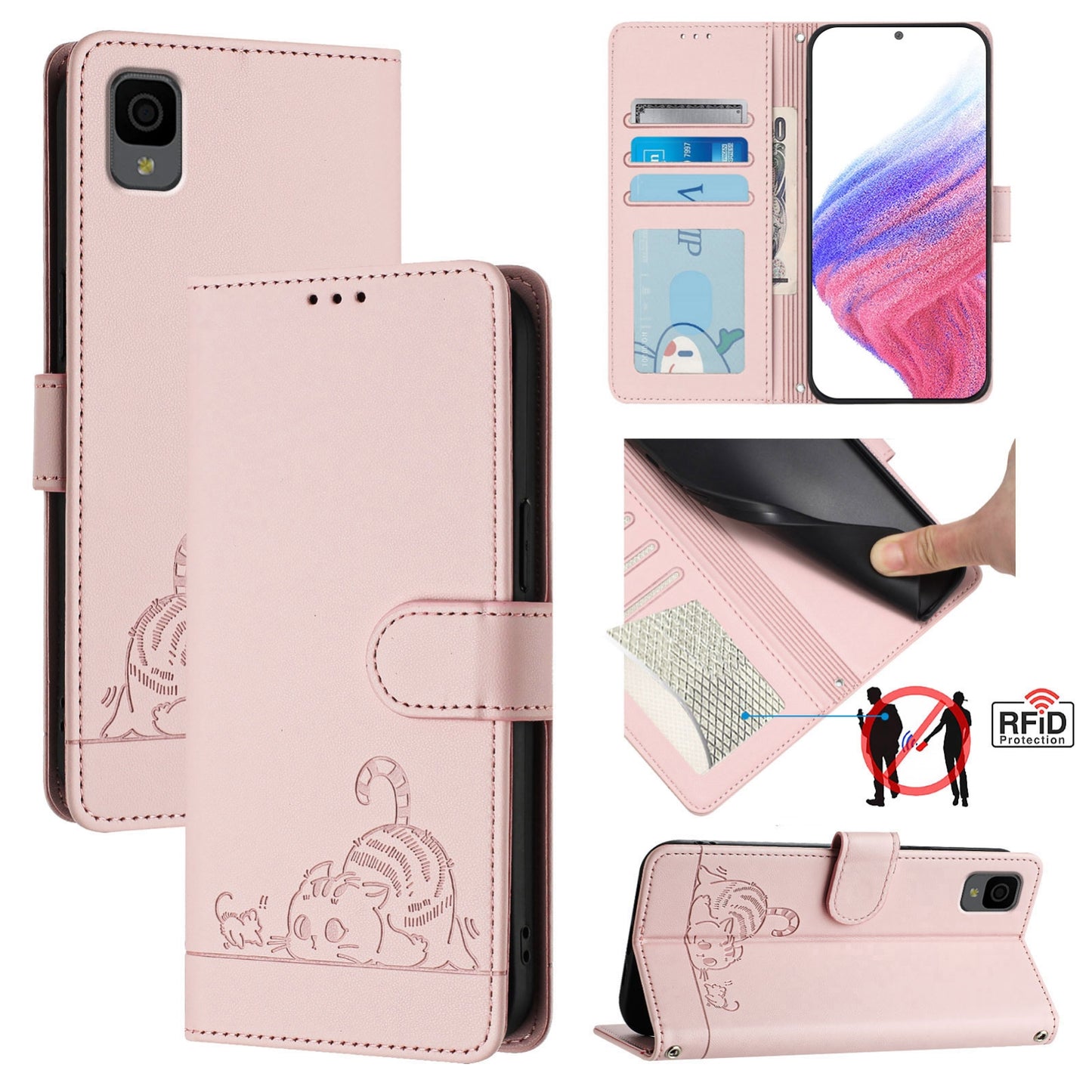TCL 30Z T602DL Cat & Rat Embossed RFID Leather Case, Lanyard, Wallet, Card Slots, Kickstand, Anti-Fall, Scratch-Resistant