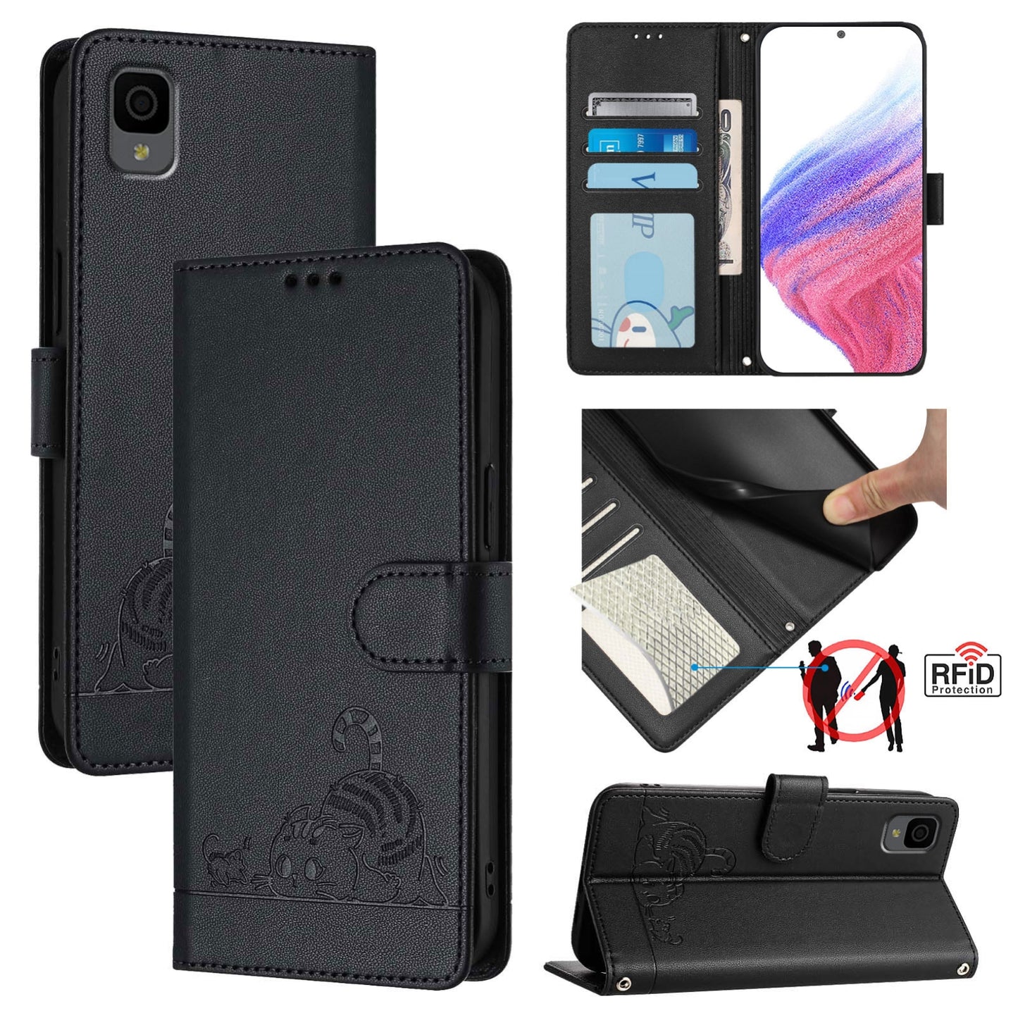 TCL 30Z T602DL Cat & Rat Embossed RFID Leather Case, Lanyard, Wallet, Card Slots, Kickstand, Anti-Fall, Scratch-Resistant