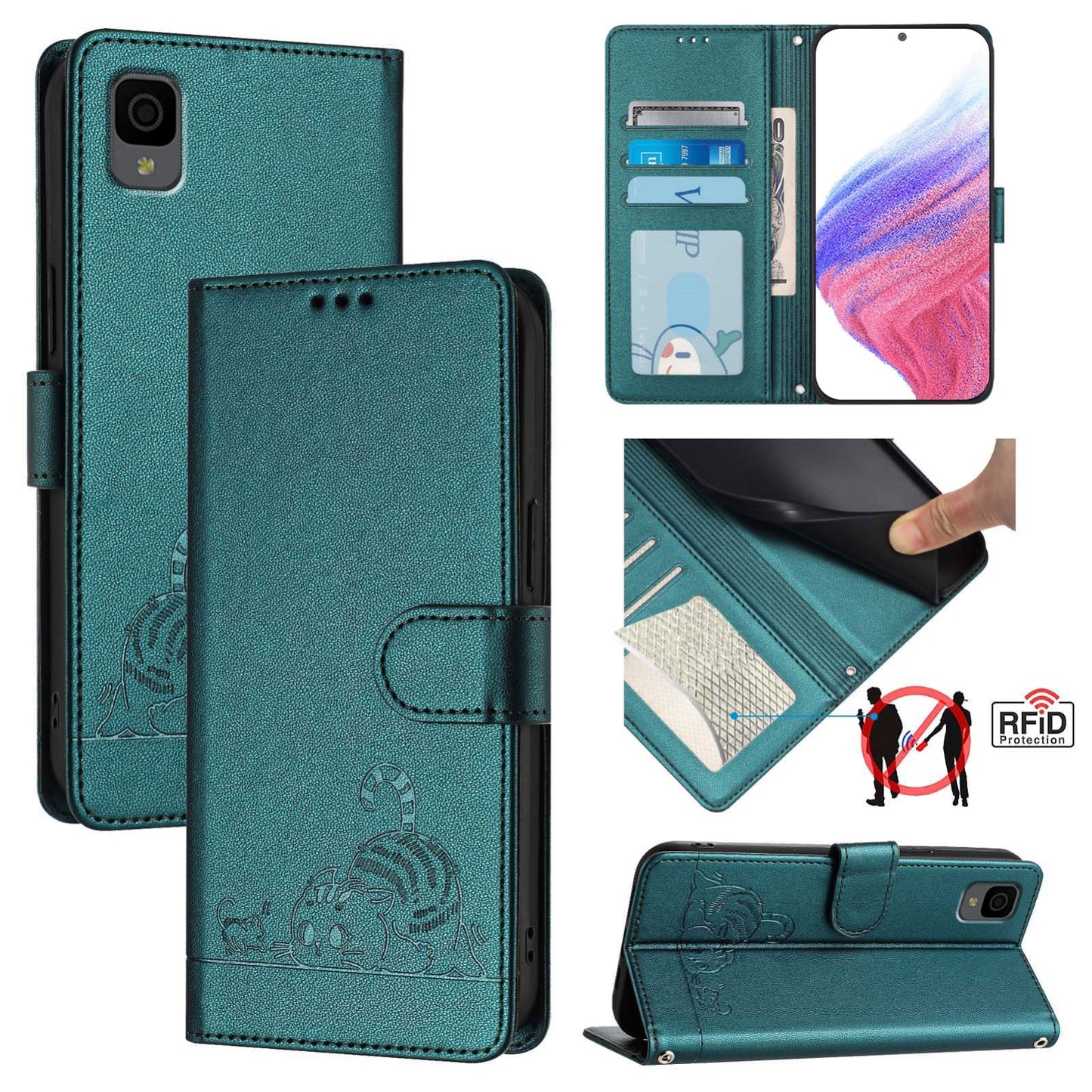 TCL 30Z T602DL Cat & Rat Embossed RFID Leather Case, Lanyard, Wallet, Card Slots, Kickstand, Anti-Fall, Scratch-Resistant