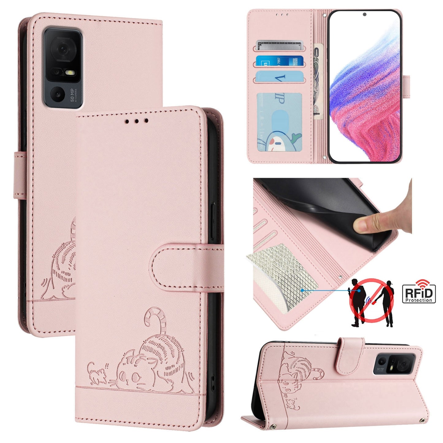 TCL 40 XL Cat & Rat Embossed RFID Leather Case, Lanyard, Wallet, Card Slots, Kickstand, Anti-Fall, Scratch-Resistant