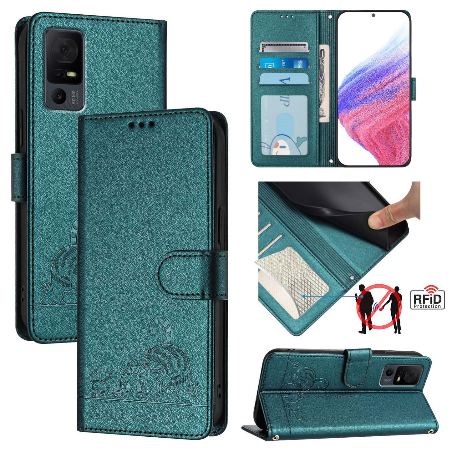 TCL 40 T T608DL Cat & Rat Embossed RFID Leather Case, Lanyard, Wallet, Card Slots, Kickstand, Anti-Fall, Scratch-Resistant