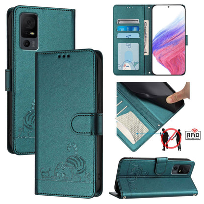 TCL 40 T T608DL Cat & Rat Embossed RFID Leather Case, Lanyard, Wallet, Card Slots, Kickstand, Anti-Fall, Scratch-Resistant