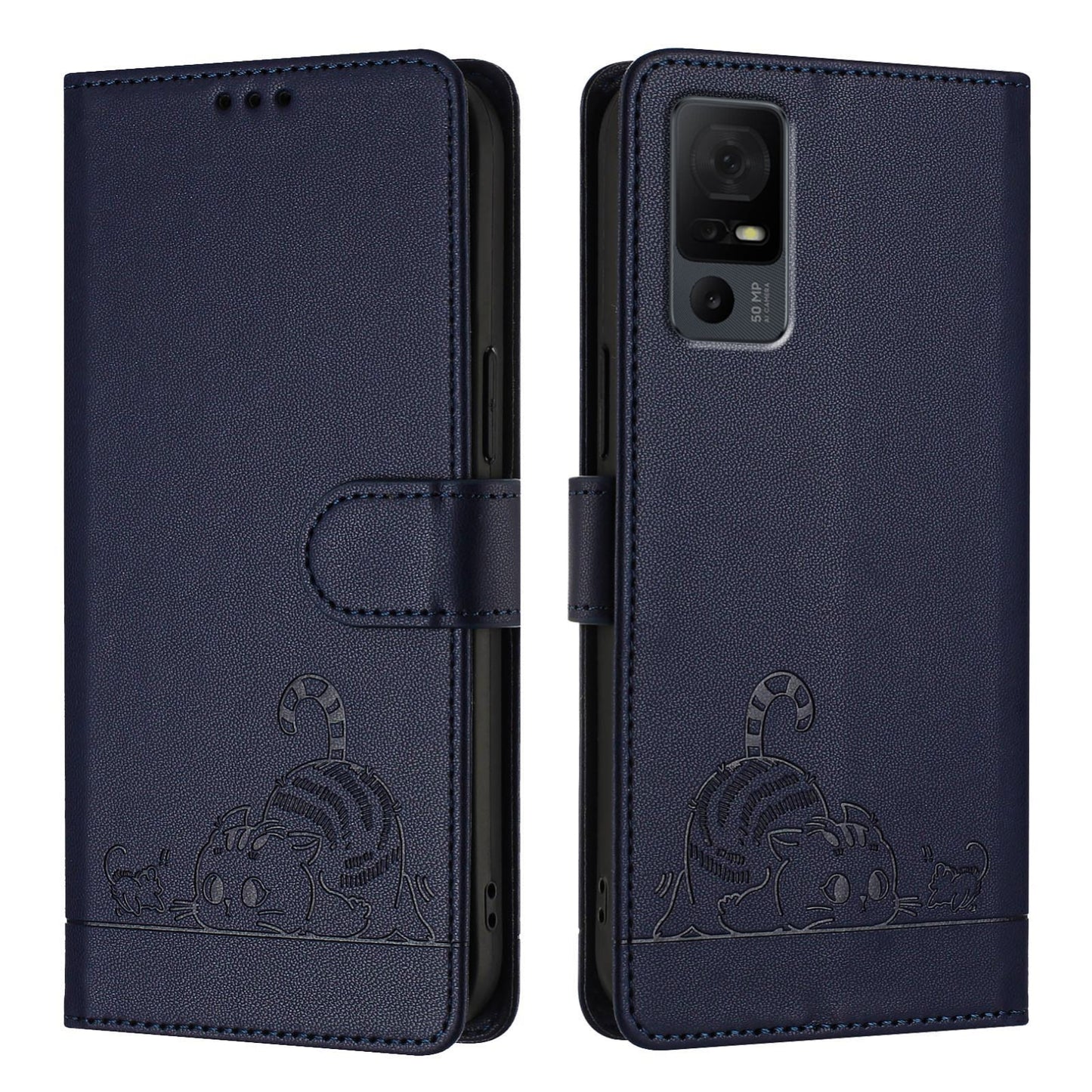 TCL 40 XL Cat & Rat Embossed RFID Leather Case, Lanyard, Wallet, Card Slots, Kickstand, Anti-Fall, Scratch-Resistant
