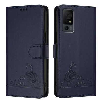 TCL 40 T T608DL Cat & Rat Embossed RFID Leather Case, Lanyard, Wallet, Card Slots, Kickstand, Anti-Fall, Scratch-Resistant