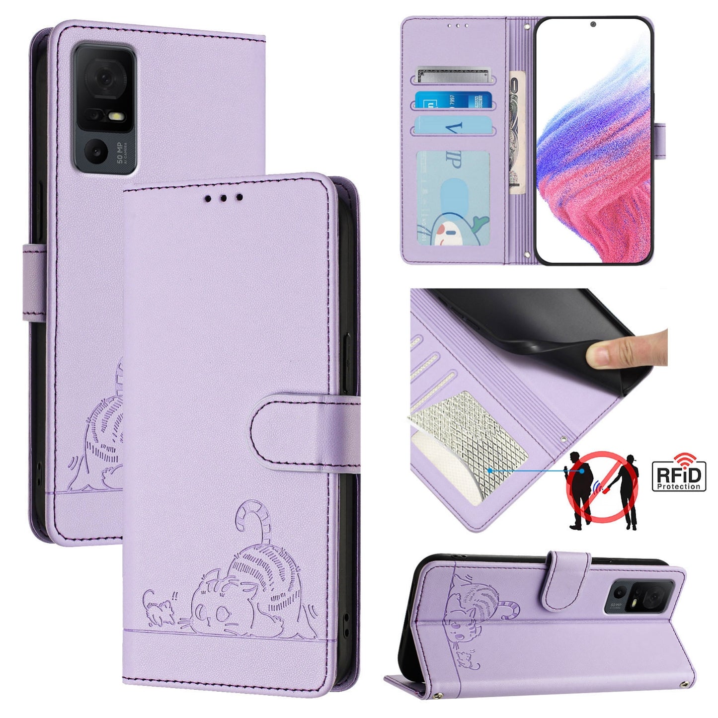 TCL 40 T T608DL Cat & Rat Embossed RFID Leather Case, Lanyard, Wallet, Card Slots, Kickstand, Anti-Fall, Scratch-Resistant