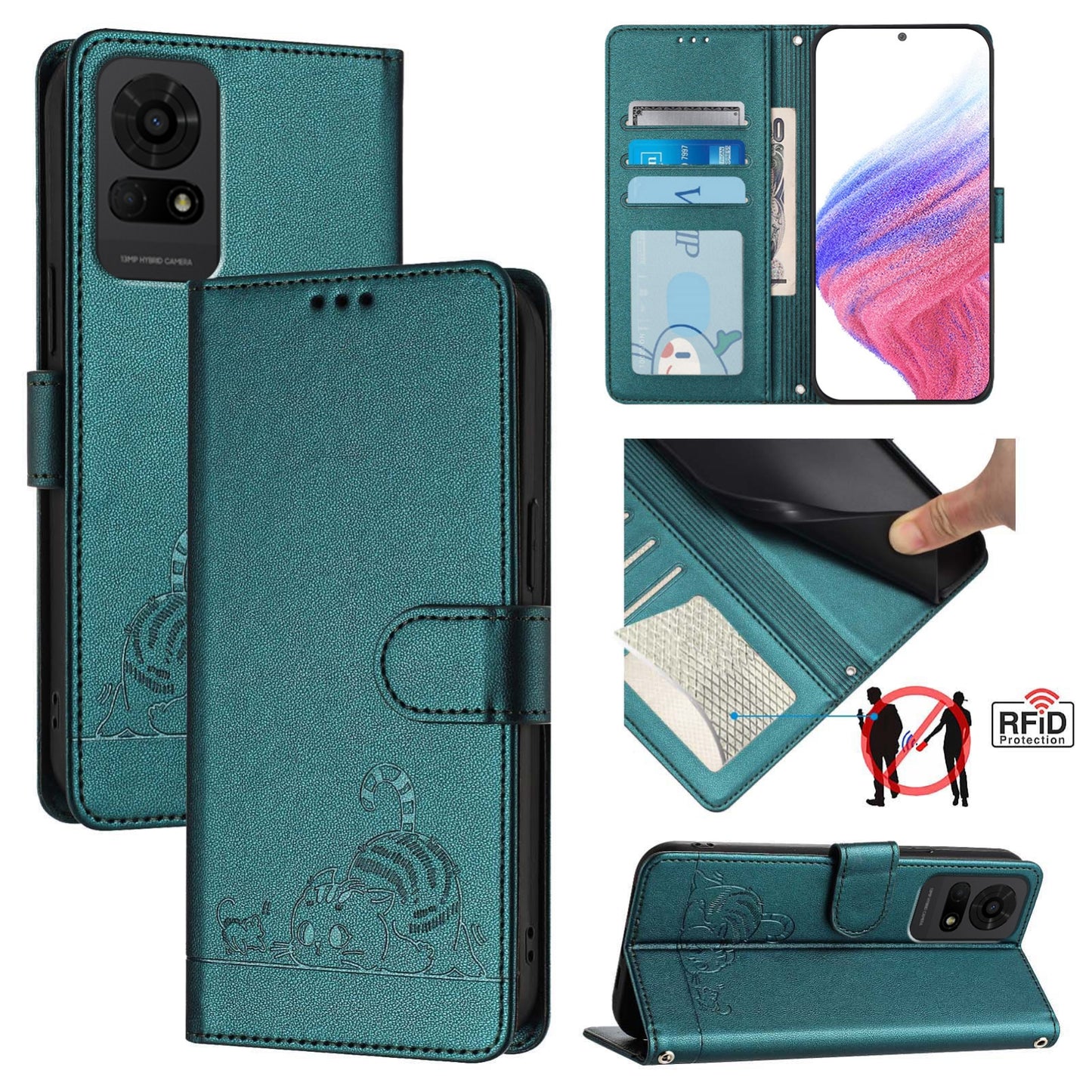 TCL 50 LE 5G Cat & Rat Embossed RFID Leather Case, Lanyard, Wallet, Card Slots, Kickstand, Anti-Fall, Scratch-Resistant