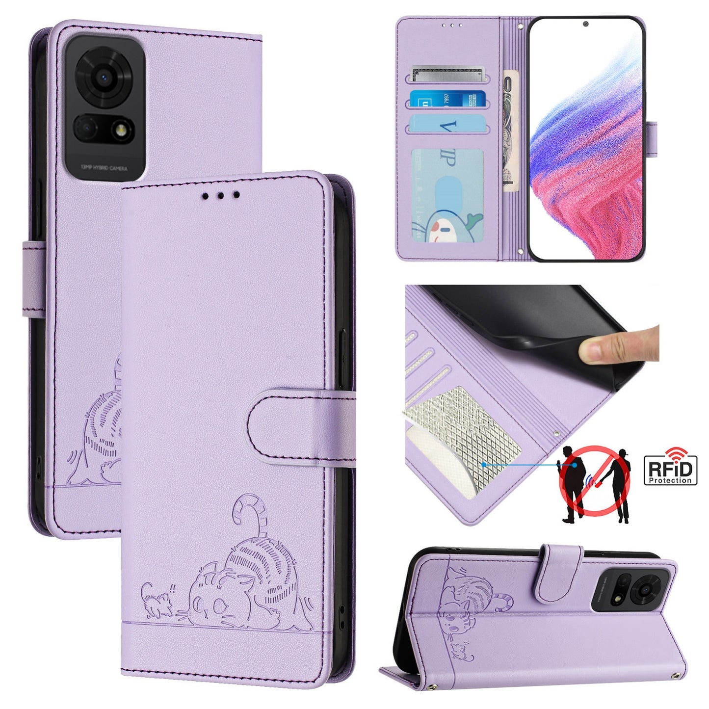 TCL 50 LE 5G Cat & Rat Embossed RFID Leather Case, Lanyard, Wallet, Card Slots, Kickstand, Anti-Fall, Scratch-Resistant