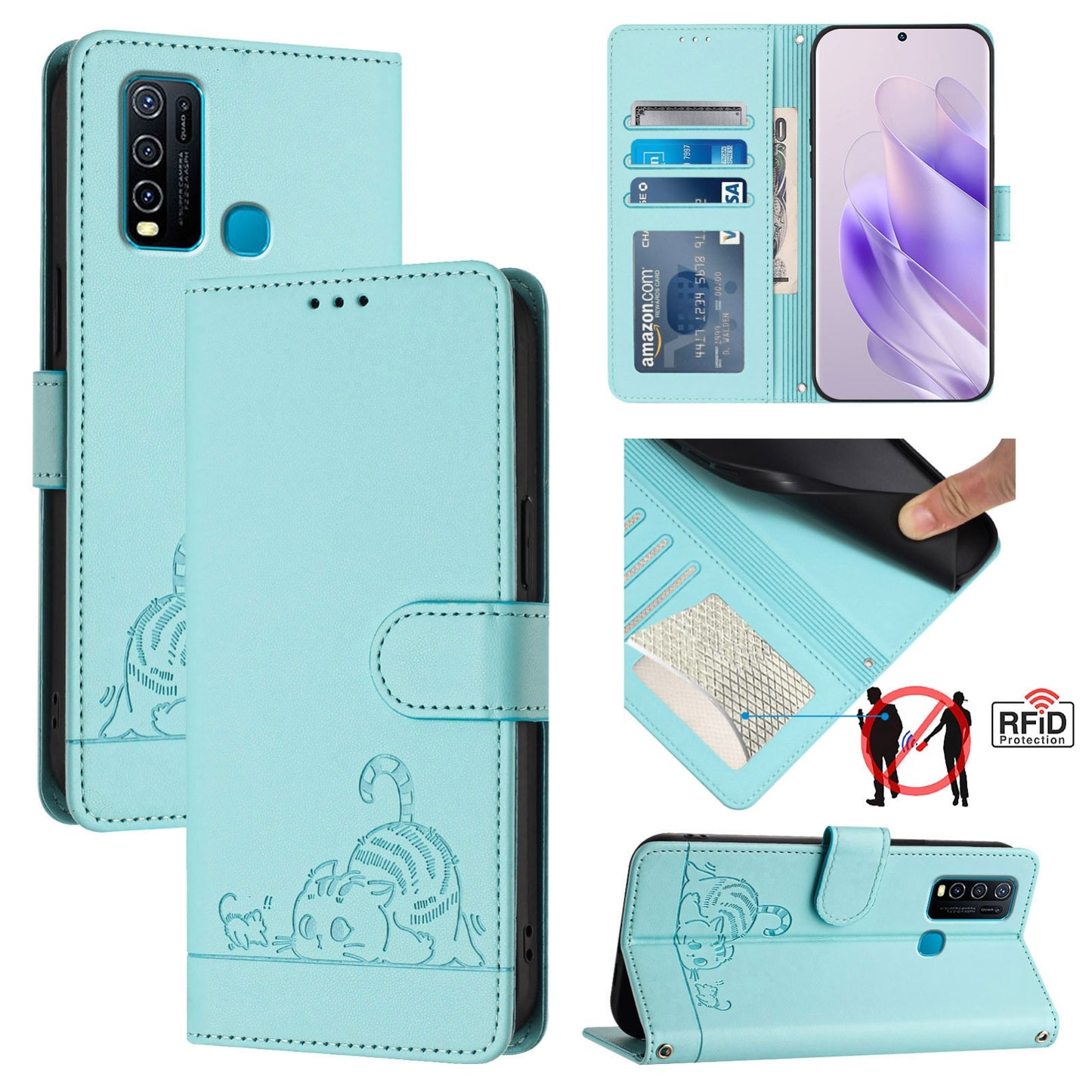 vivo Y30 4G Global Cat & Rat Embossed RFID Leather Case, Lanyard, Wallet, Card Slots, Kickstand, Anti-Fall, Scratch-Resistant