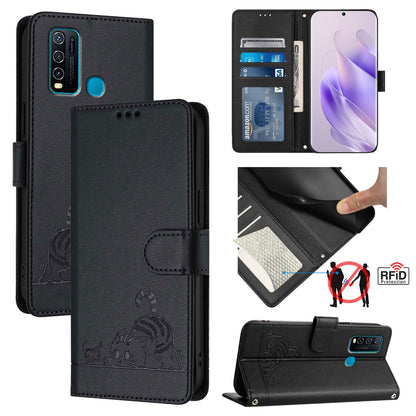 vivo Y30 4G Global Cat & Rat Embossed RFID Leather Case, Lanyard, Wallet, Card Slots, Kickstand, Anti-Fall, Scratch-Resistant