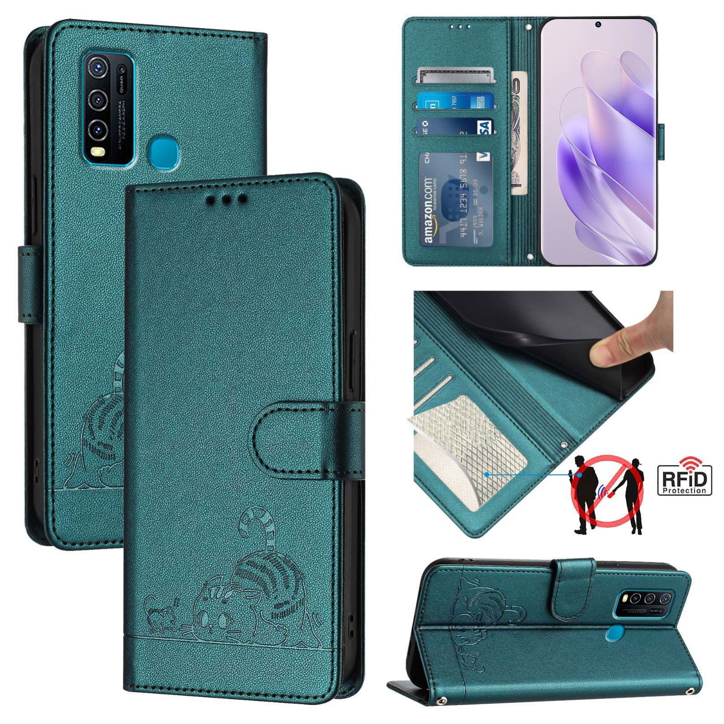 vivo Y30 4G Global Cat & Rat Embossed RFID Leather Case, Lanyard, Wallet, Card Slots, Kickstand, Anti-Fall, Scratch-Resistant